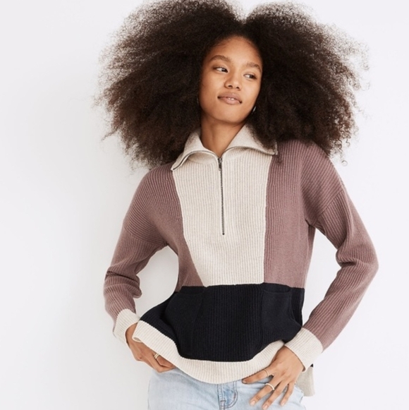 Madewell Sweaters - Madewell Tricolor Half-Zip Wool Sweater In Ivory/Mauve/Black